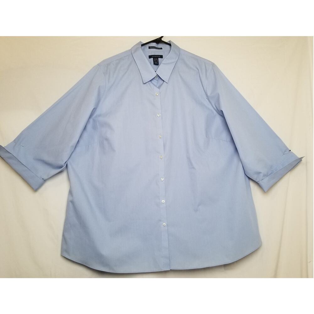 Lands' End Womens Blue Button Up 3/4 Sleeve Flip Cuff Wrinkle Free Shirt Sz 24W